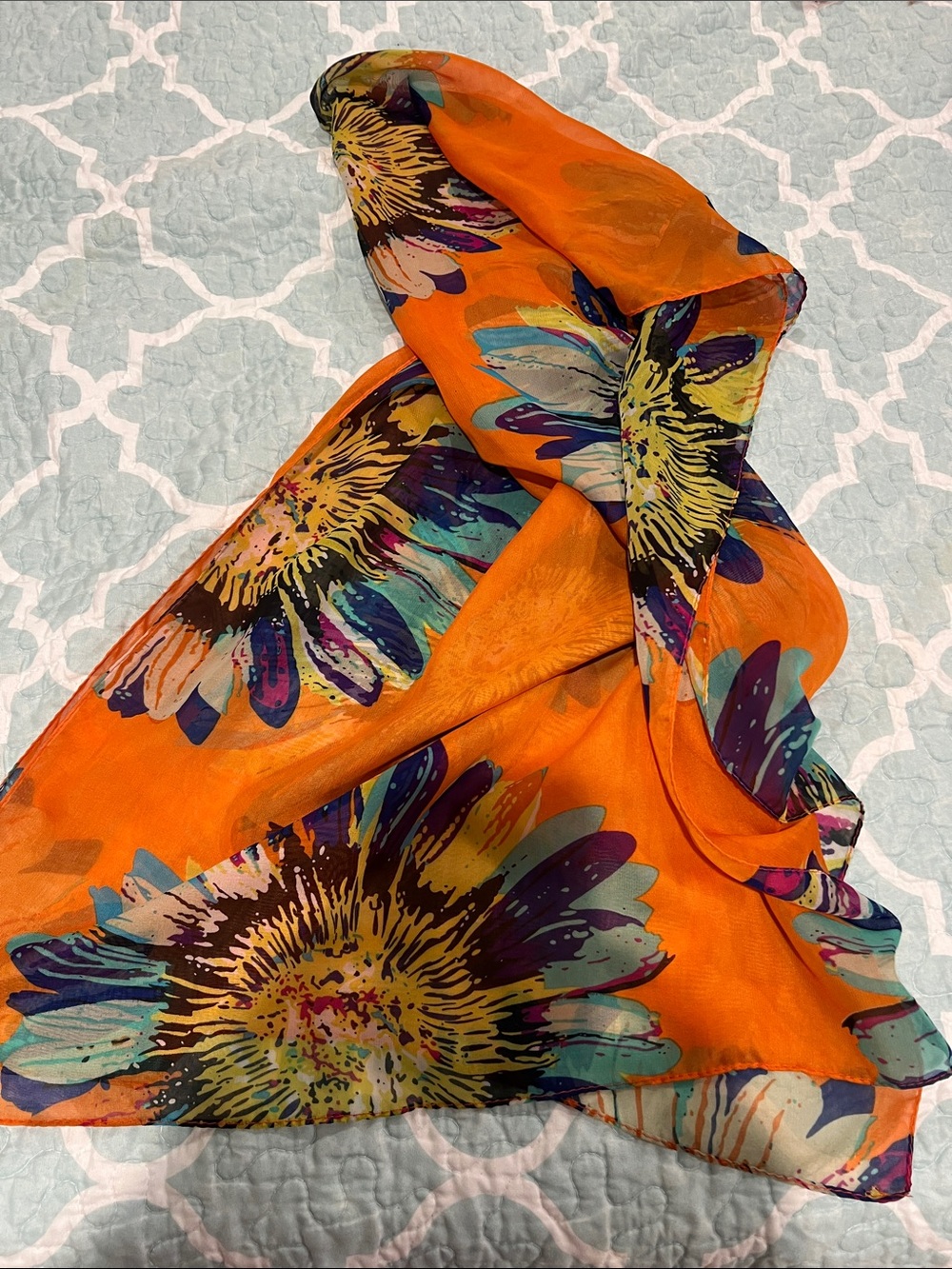 Vibrant Orange Floral Silk Scarf